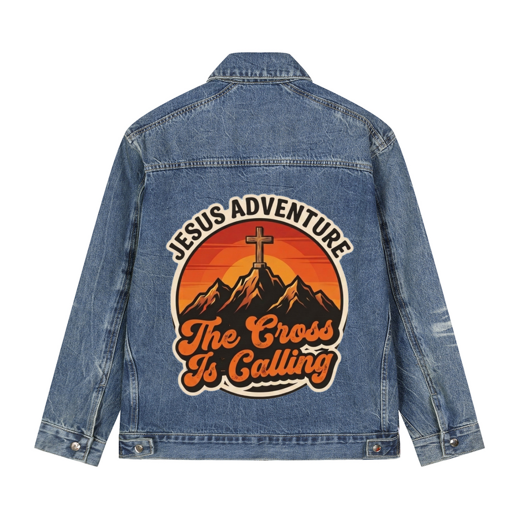 The Cross Is Calling Zip-Up Denim Jacket by Psalm24, Christian outerwear — product image 1