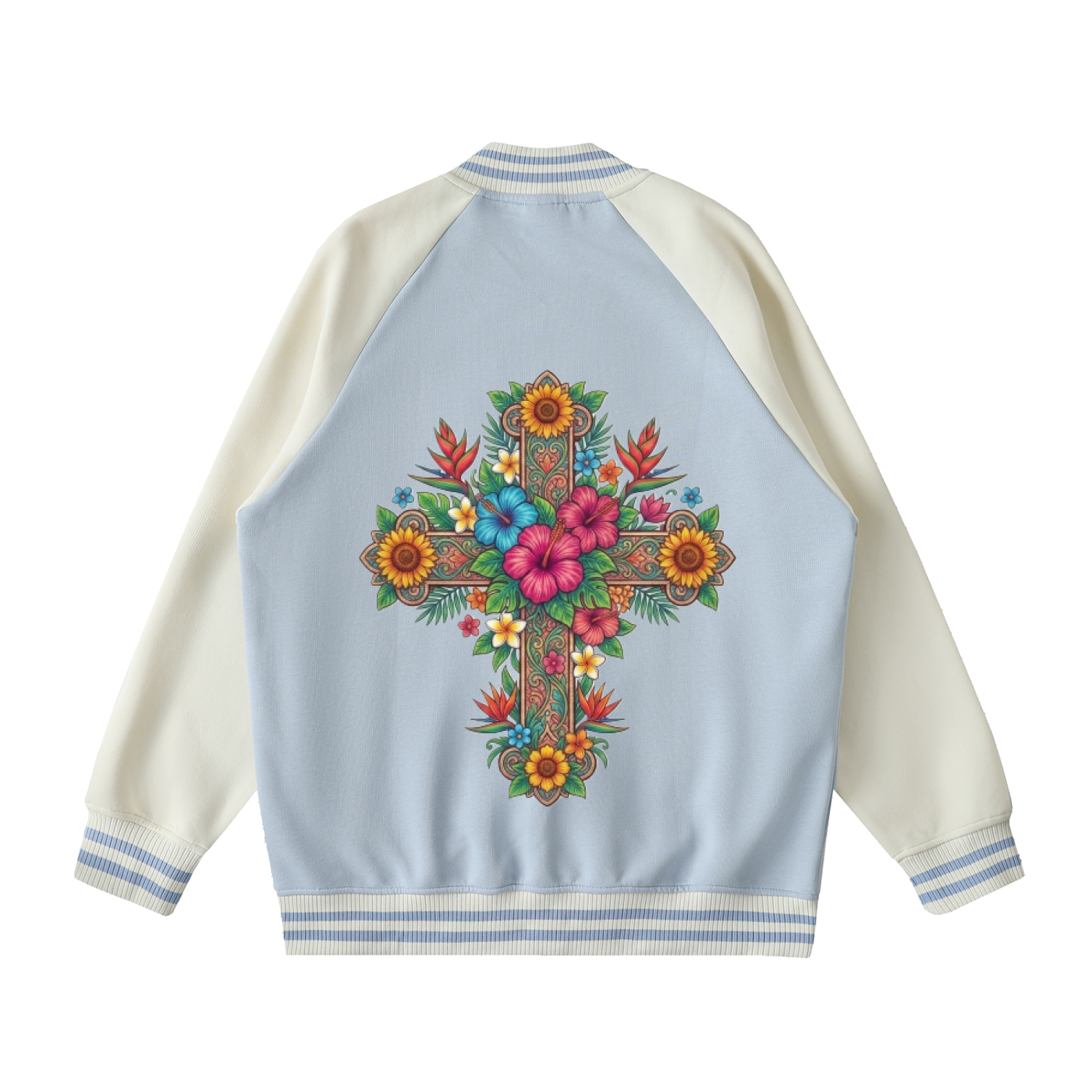 Floral Cross Two-Tone Raglan Sleeve Varsity Jacket by Psalm24 — product image 1