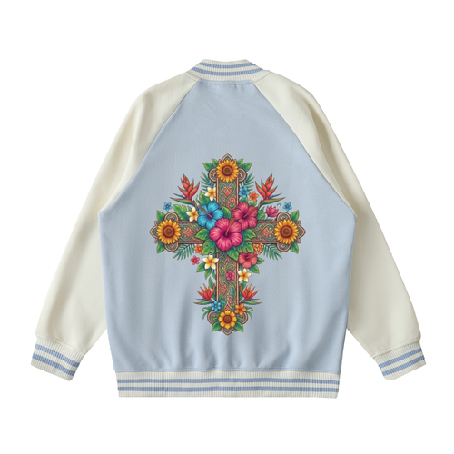 Floral Cross Two-Tone Raglan Sleeve Varsity Jacket by Psalm24 — product image 1